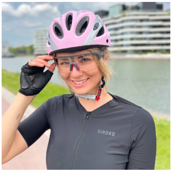 Bicycle Helmet Women - Matte Pink-Gray - Front view woman model