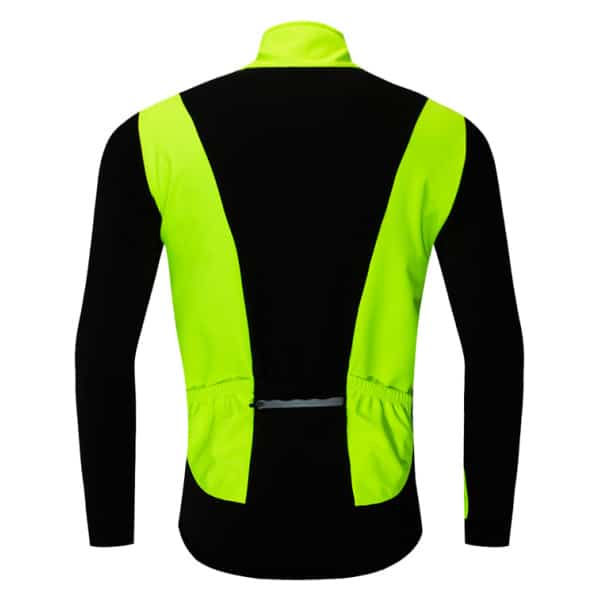 Thermal softshell fleece cycling jacket with reflective stripes rear view